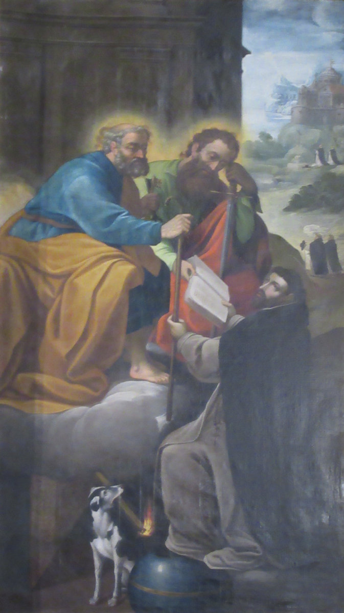 Altarbild: Dominkus bekommt von Petrus den Abtsstab und von Paulus das Regelbuch überreicht, in der Klosterkirche in Caleruega