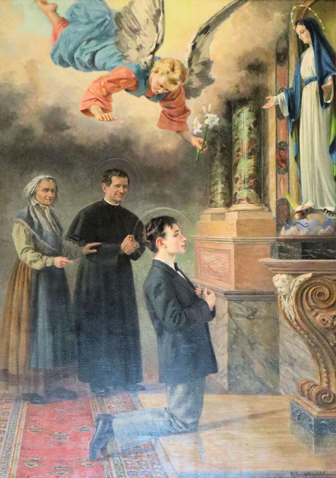 Paolo Giovanni Crida: Dominikus mit Don Bosco und dessen Mutter Margaretha Occhiena vor Maria, Altarbild, 1950, in der Basilika Santa Maria Ausiliatrice in Turin