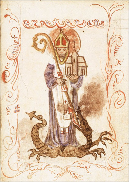 Buchmalerei: Domitian mit Kirchenmodell und besiegtem Drachen, um 1500 - 1525, aus Maastricht