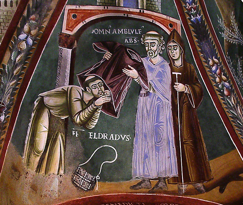 Wandmalerei: Eldrad wird als Mönch einhgekleidet, 11. Jahrhundert, im Kloster in Novalesa