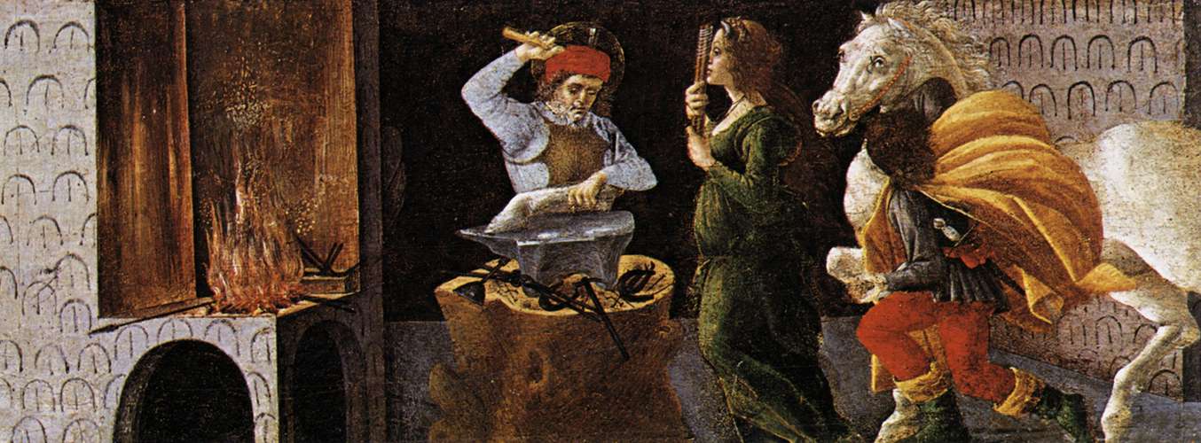 Sandro Botticelli: Das Wunder des Eligius, 1490 - 92, aus dem Altar aus dem Altar in der Basilika San Marco in Florenz, heute in der Galleria degli Uffizi in Florenz
