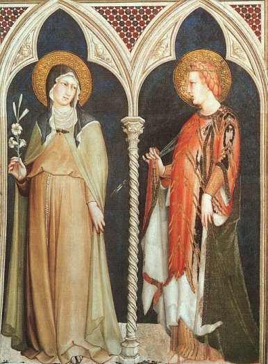 Simone Martini: Elisabeth (rechts) und Klara von Assisi, Fresko in der Martinskapelle in der Unterkirche Basilika di San Francesco in Assisi, 1317