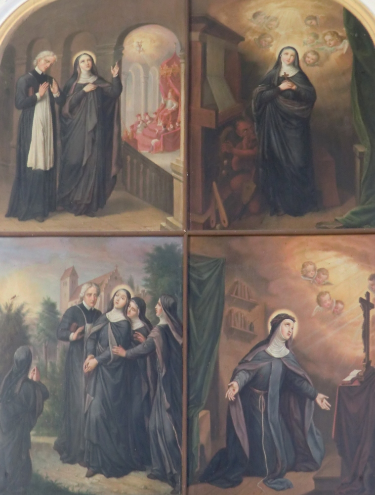 Elisabeth weissagt die Papstwahl (oben links), widersteht den Versuchungen (oben rechts), ist entrückt umgeben von Mitschwestern und Konrad Kügelin (unten links), empfängt Christi Wundmale (unten rechts), Bild in der Gnadenkapelle in der Kirche in Reute