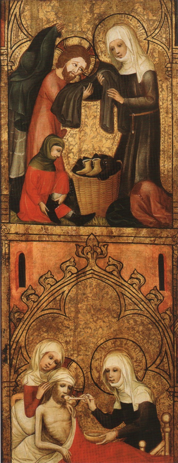 Elisabethaltar (Fragment): Elisabeth kleidet Arme und pflegt Kranke, um 1385, im Wallraf-Richartz-Museum in Köln