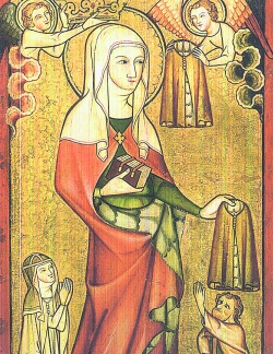 Mittelrheinischer Meister: Elisabeth als Mantelspenderin, um 1330/50, Altarflügel aus der Klosterkirche in Altenberg, heute im Städel Museum in Frankfurt am Main