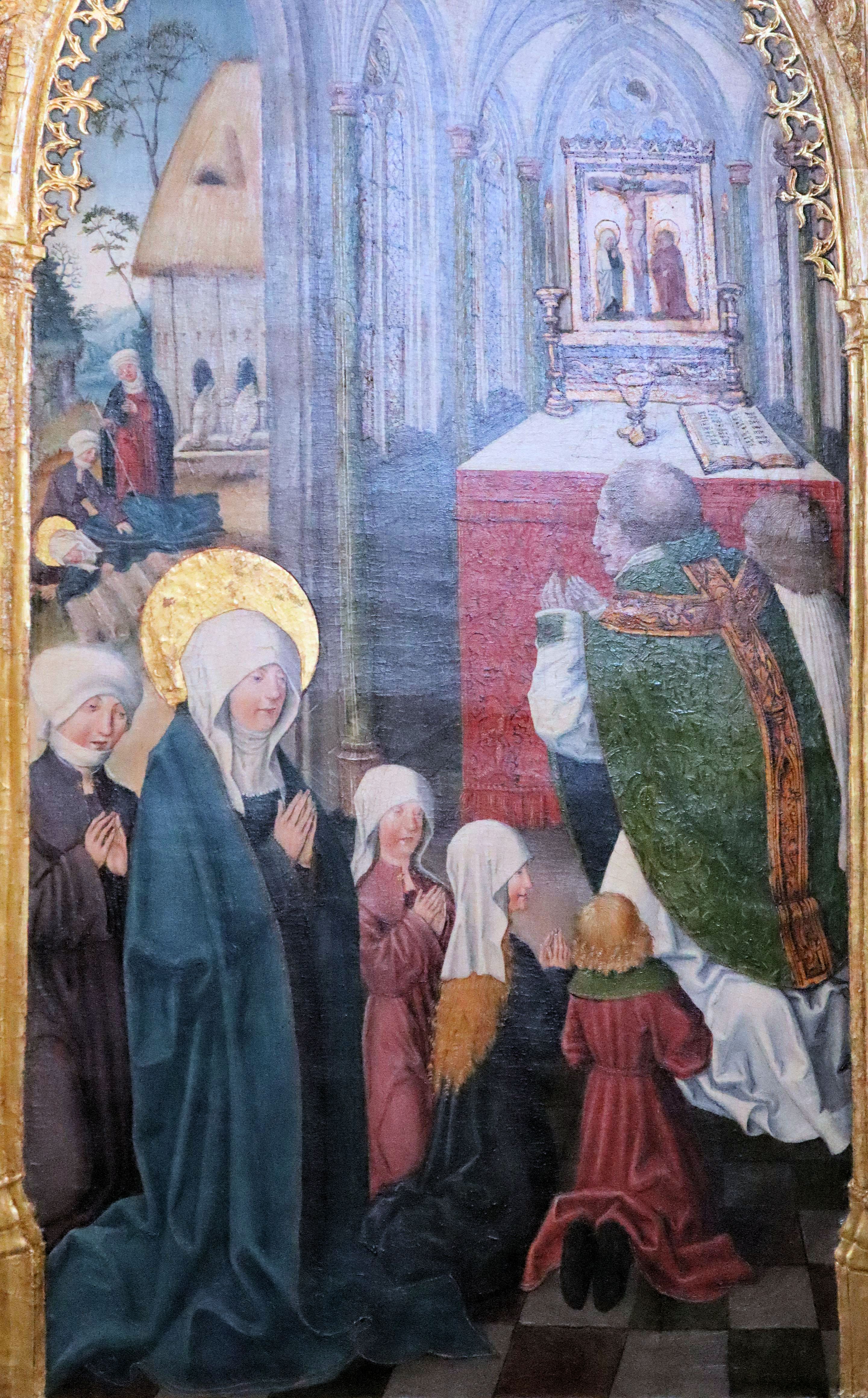 Johann von der Leyten: Bestattungsvigil für Elisabeth mit Konrad von Marburg als Zelebrant und ihren Kindern, darunter Gertrud von Altenberg, rechter Flügel des Elisabethaltars, um 1511, in der Elisabethkirche in Marburg