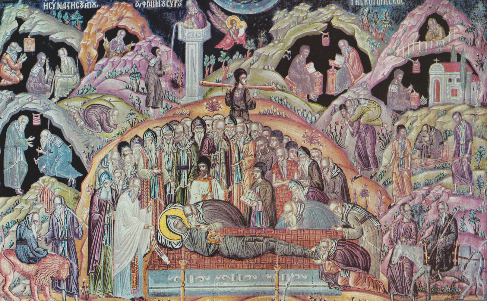 Fresko: Tod von Ephraem, im Kloster Varlaam in Meteora