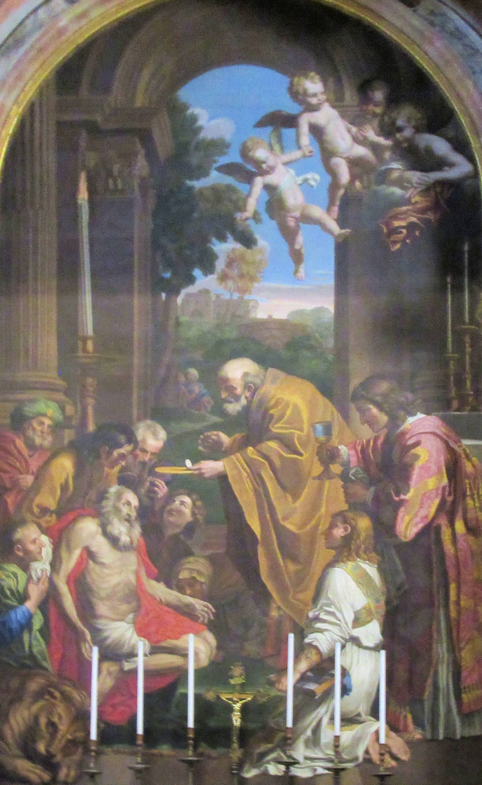 Altarmosaik: Der sterbende Hieronymus erhält die Kommunion aus der Hand von Ephraim, 1730, nach einem Gemälde von Domenichino von 1614, im Petersdom in Rom