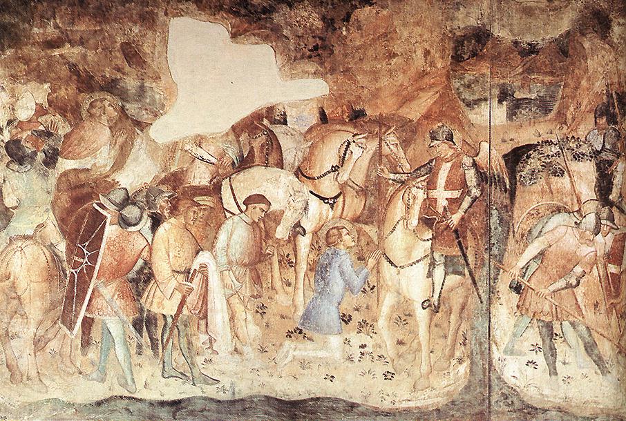 Spinello Aretino: Der Erzengel Michael überreicht Ephysius die Flagge, Fresko, 1391/1392, in den Arkaden des Campo Santo in Pisa