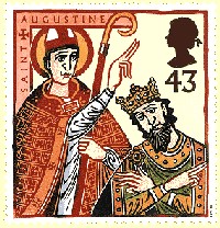 Clare Melinsky: Augustinus von Canterbury tauft Ethelbert. Englische Briefmarke, 1997