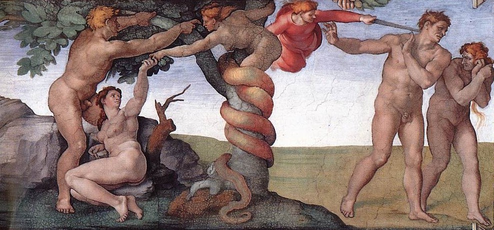 Michelangelo: Erschaffung der Eva, Sündenfall und Vertreibung aus dem Paradies, 1509/10, in der Sixtinischen Kapelle in Rom