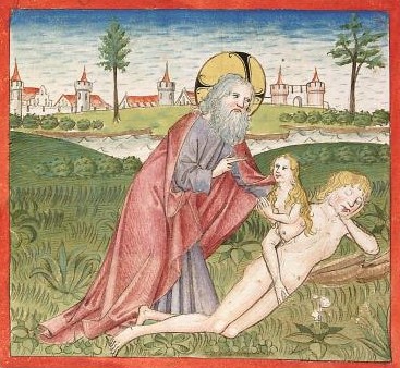 Werkstatt des Ludwig Henfflin: Die Erschaffung Evas aus der Rippe des Adam, Buchmalerei, 1477, in der Universitätsbibliothek in Heidelberg