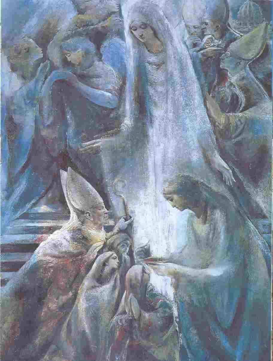 Gemälde über die geschichtlichen Ereignisse und die Botschaft von Fátima, in der Apsis der Basilika „Unserer Lieben Frau des Rosenkranzes” in Fatima