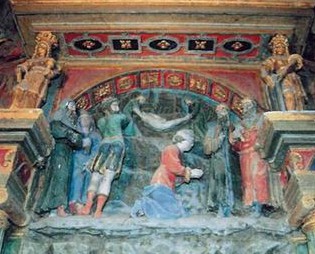 Altarbild in der Kirche Sainte Félicité in Montagny in Frankreich, um 1560:Felicitas wird nun auch hingerichtet; im Hintergrund wird ihr Leichnam in die Katakombe gebracht