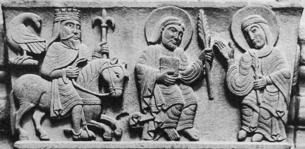 Relief an einer Säule: Karl der Grosse findet die Reliquien von Felix und Regula, um 1150, im Großmünster in Zürich