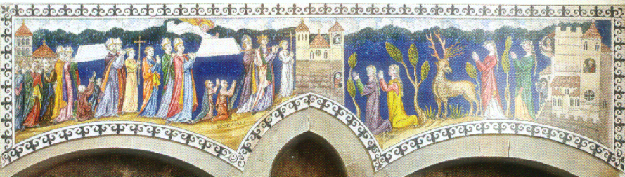 Wandgemälde: Die Überführung der Reliquien vom Großmünster ins Fraumünster (links) und die Hirschlegende (rechts), um 1300, Reproduktion von 2006 nach einer Aquarellkopie des Jahres 1847, im Fraumünster in Zürich