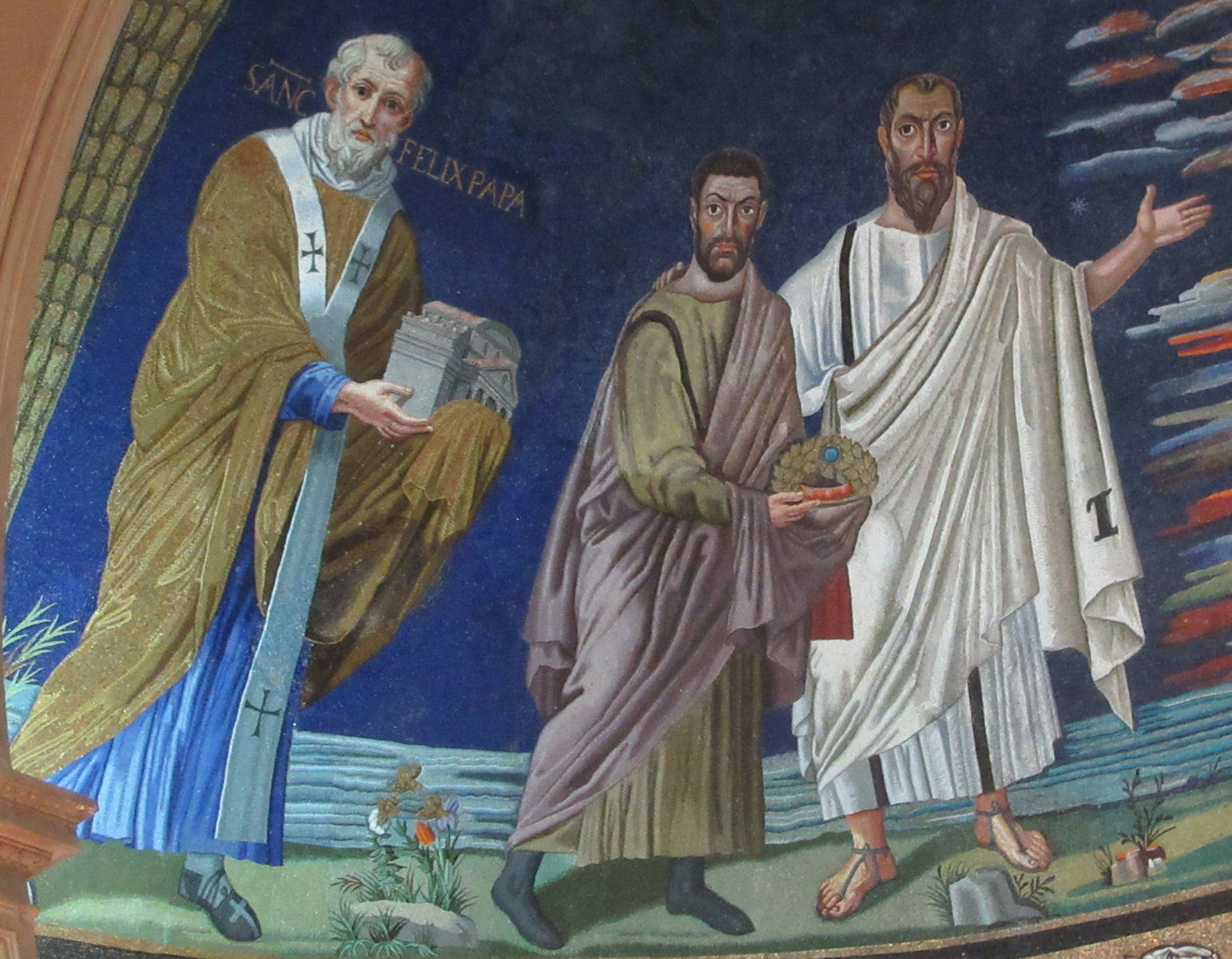 Mosaik: Felix (links) mit Kosmas und Paulus (rechts), 527 - 530, in der Kirche Santos Cosma e Damiano in Rom