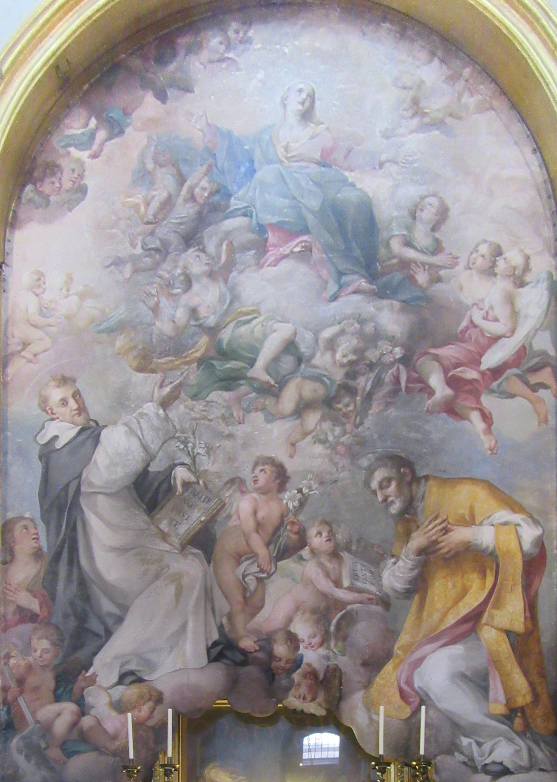 Giovanni Odazzi: Philipp Neri und Dominikus (links) vor der in den Himmel aufgefahrenen Maria, um 1615, in der Basilika San Giovanni in Laterano in Rom