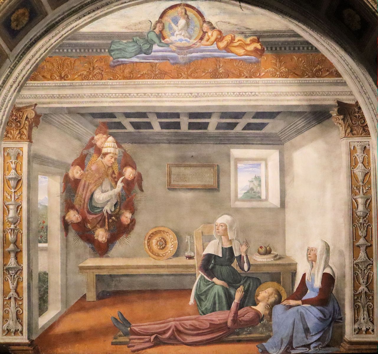 Domenico Ghirlandaio: Papst Gregor „der Große” verkündet Fina ihren Tod, um 1475, Fresko in der Fina-Kapelle des „Domes” in San Gimignano