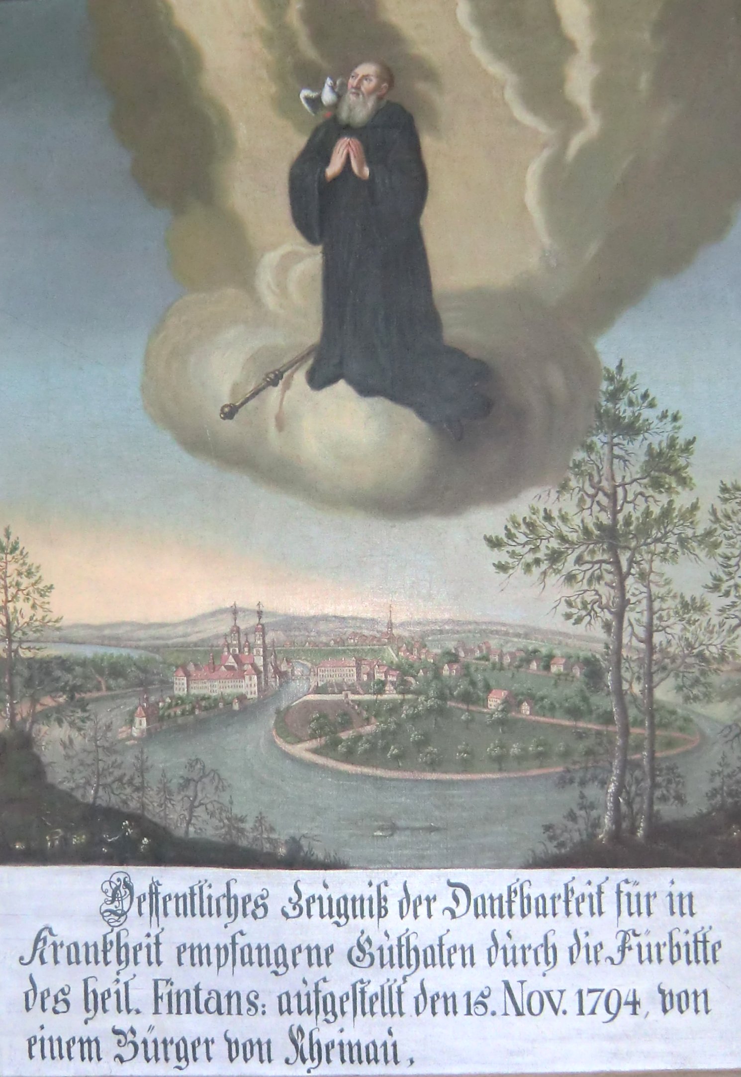Votivgabe: Findanus mit Taube über dem Kloster, 1794, in der Klosterkirche Rheinau