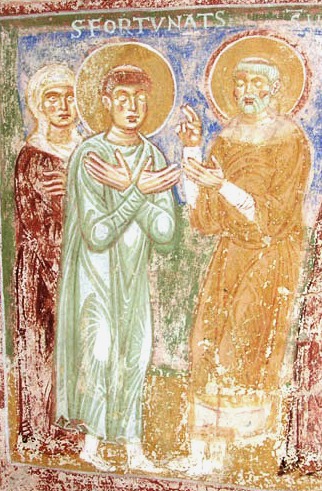 Fortunatus wird von Hermagoras zum Diakon geweiht. Fresko, 12. Jahrhundert, in der Krypta der Basilika von Aquileia