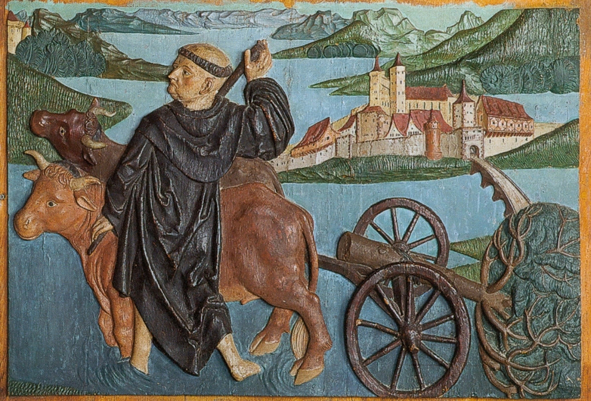 Relieftafel: Fridolin leitet den Rhein um, spätgotisch, im Schatz des Münsters in Säckingen