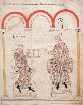 Frowin (rechts), Buchmalerei aus dem Kloster Engelberg, um 1200