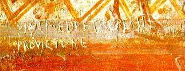 Kritzelei in den Katakomben des Sebastian in Rom, entstanden um 250: 'Paule ed Petre petite pro Victore' - die zwei Apostel werden um Fürsprache gebeten: 'Paulus und Petrus, bittet für Viktor!'