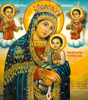 Äthiopische Ikone: Maria mit dem Jesuskind, die Erzengel Gabriel (links) und Michael