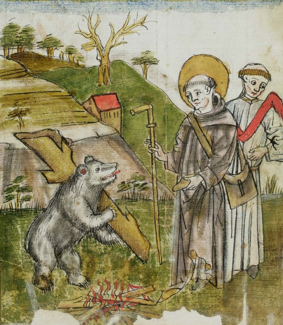Cuonrad Sailer (?): Buchmalerei aus 'St. Galler Hausheilige': Gallus und der holztragende Bär, um 1455, in der Stiftsbibliothek in St. Gallen