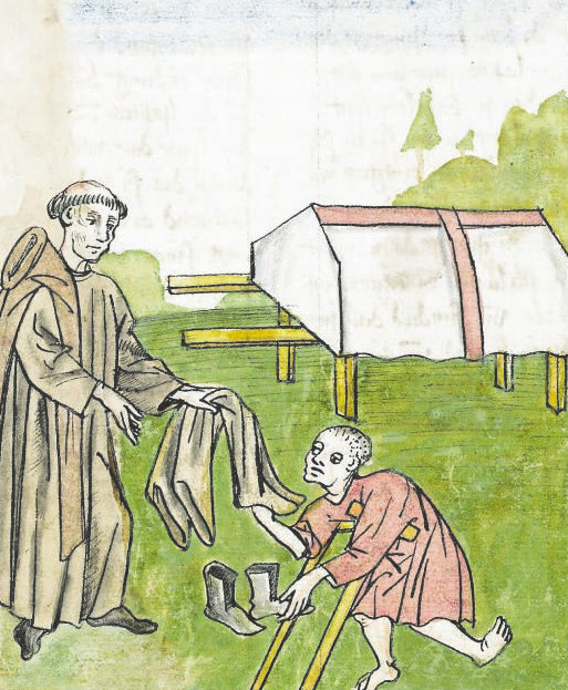 Cuonrad Sailer (?): Buchmalerei aus 'St. Galler Hausheilige': Der verkrüppelte Maurus erhielt Gallus' Schuhe und Strümpfe und wurde dadurch geheilt, um 1455, in der Stiftsbibliothek in St. Gallen