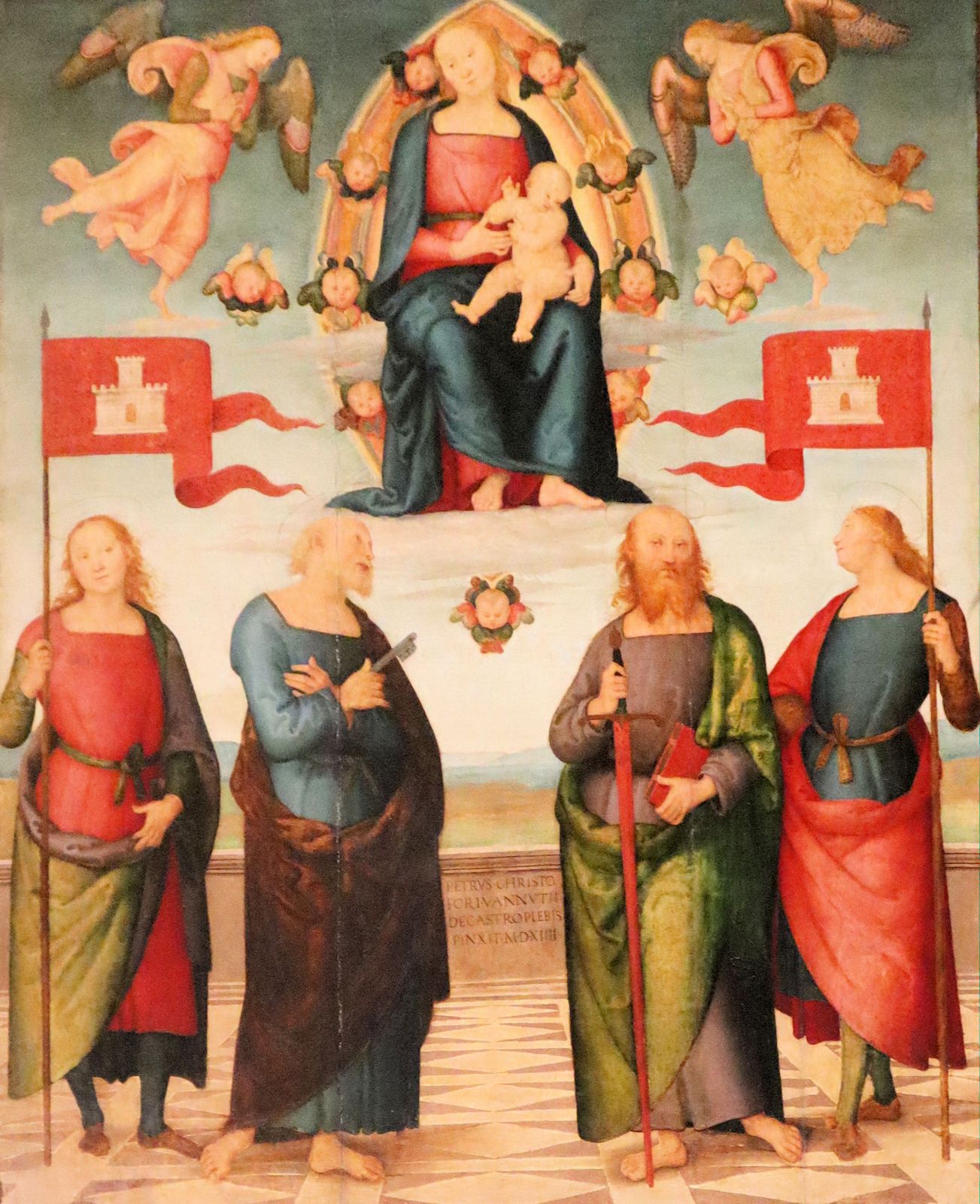 Perugino (Pietro Vannucci): Maria mit (von links) >Gervasius, Petrus, Paulus und Protasius, 1514, in der Kathedrale in Città della Pieve