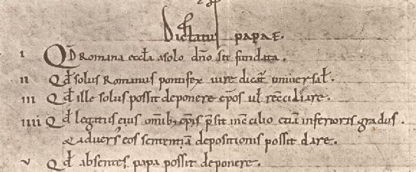 Die ersten fünf Sätze aus dem Dictatus Papae, im Archiv im Vatikan in Rom