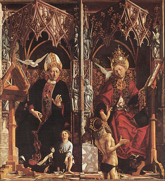 Michael Pacher: Altar der vier lateinischen Kirchenväter - Detail mit Augustinus (links) und Gregor dem Großen, um 1483, Alte Pinakothek in München