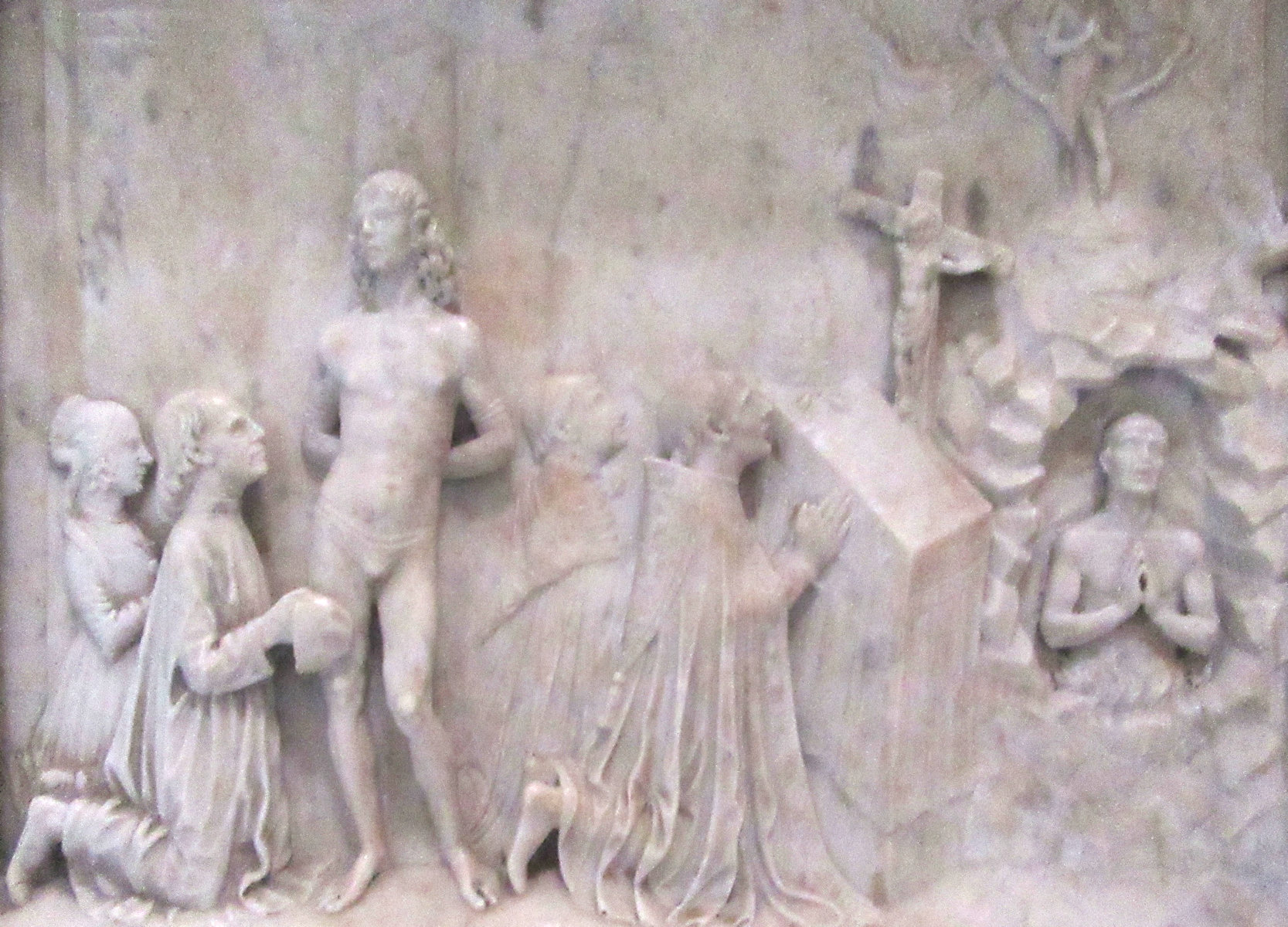 Luigi Caponii: Gregor und seine Mutter Silvia betend vor Stephanus, bei der Feier der Messe und als Mönch, Relief, um 1450, am Altar in der Kirche San Gregorio Magno al Celio in Rom
