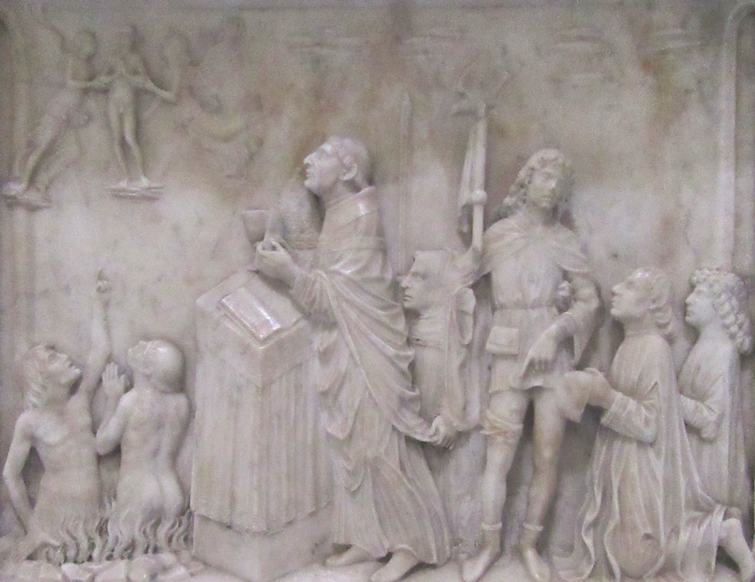  Luigi Caponii: Papst Gregor feiert die Messe und bittet um Erlösung der Seelen aus dem Fegefeuer, Relief, um 1450, am Altar in der Kirche San Gregorio Magno al Celio in Rom