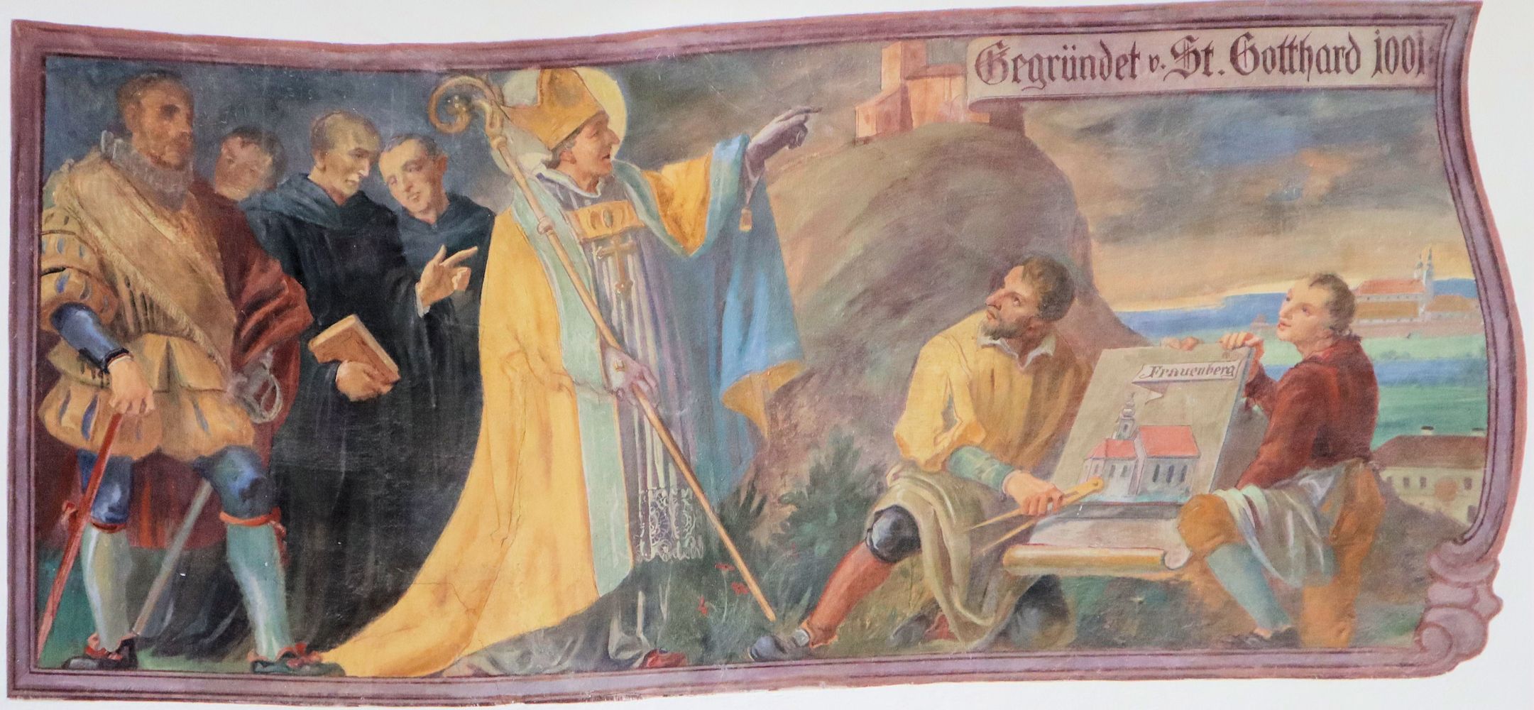 Fresko: Hermann gibt Anweisungen zum Bau der neuen Kirche auf dem Frauenberg, in der Kirche auf dem Frauenberg