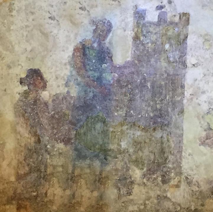 Darstellung einer Szene aus dem „Hirte des Hermas”: Frauen waschen in einem Fluss die Steine, aus denen ein Turm
gebaut wird; der Turm steht für die Kirche, die auf der Taufe gründet – daher steht er im Wasser; antikes Fresko in der Katakombe San Gennaro in Neapel