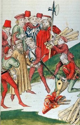 kolorierte Federzeichnung: Die Verbrennung des Hieronymus von Prag, um 1470, in: Ulrich von Richental: Konzil von Konstanz, in der Österreichischen Nationalbibliothek in Wien