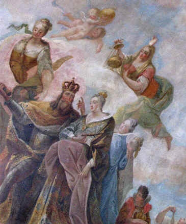 Franz Georg Hermann: Karl der Große mit seiner Frau Hildegard, Deckengemälde, um 1738, im Festsaal des Fürststiftes in Kempten im Allgäu