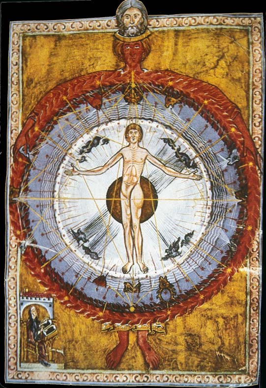 Miniatur aus dem so genannten Lucca-Codex des 'Liber divinorum operum': Vision vom Menschen, um 1220/1230, Biblioteca Statale in Lucca