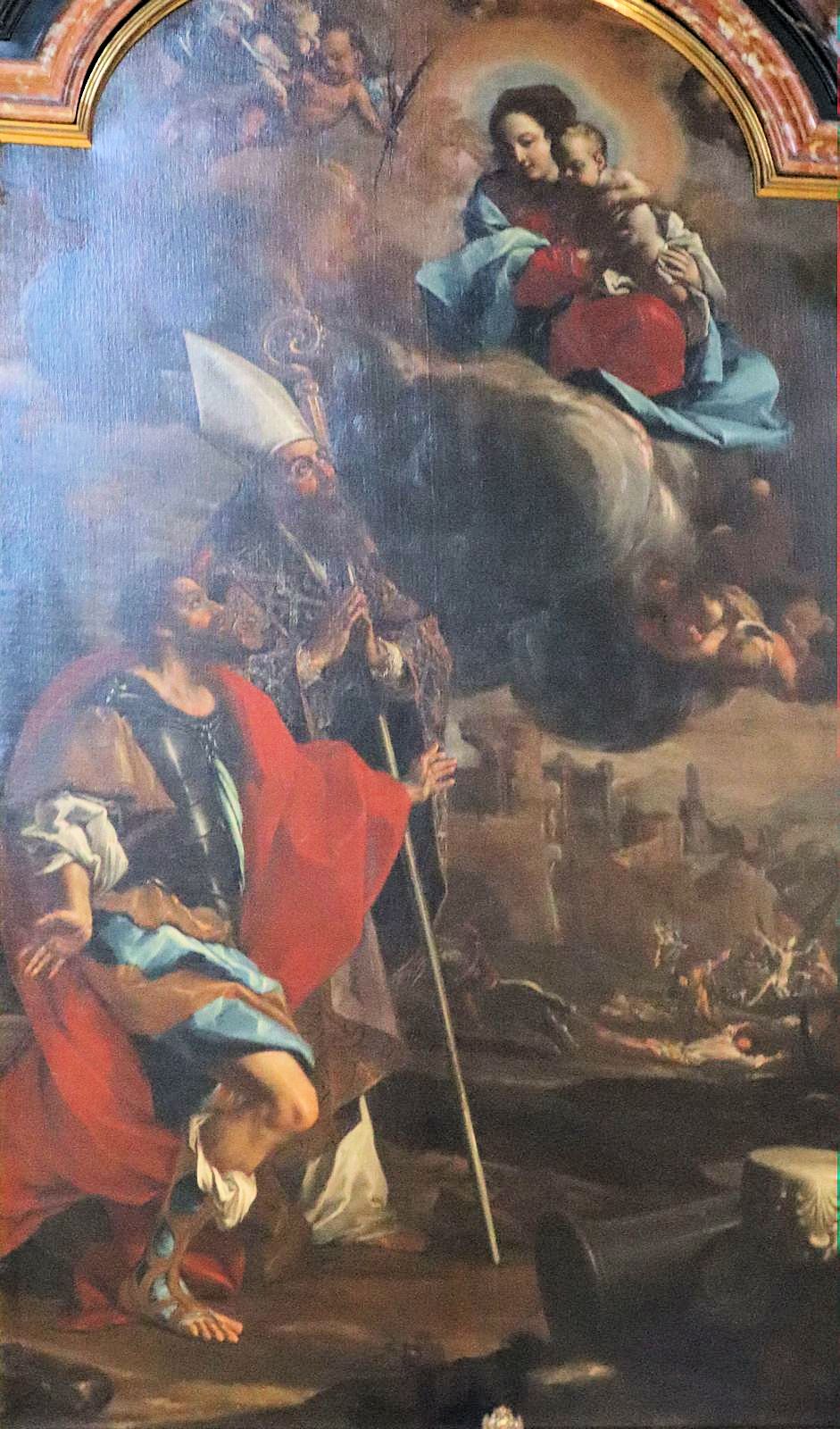 Bartolomeo Garavoglia: Hippolytus (links) und Cassianus von Imola (halblinks) vor Maria, Altarbild, um 1655, im Dom in Turin
