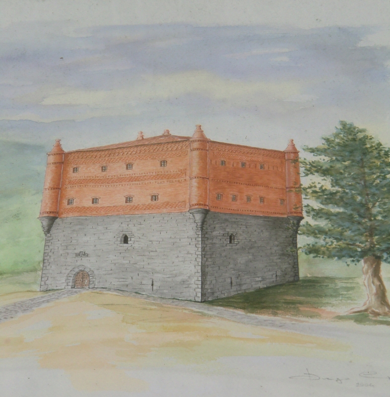 Zeichnung des Schlosses aus dem 14. Jahrhundert, das im Wesentlichen bis heute erhalten ist, aber völlig umgeben von den Bauten der Kirche und des Klosters, im Sanktuarium Ignatius in Loyola