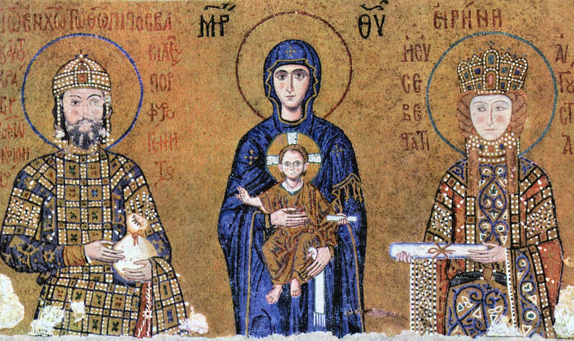Mosaik: Maria mit Irene (rechts) und ihrem Mann Johannes (links), um 1118, in der Hagia Sophia in Ístanbul