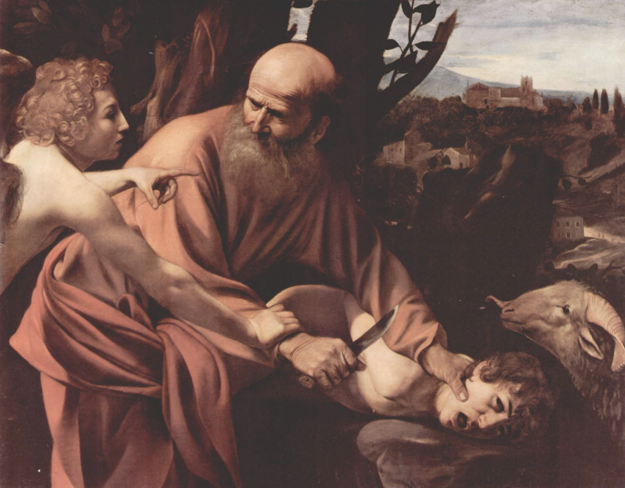 Caravaggio: Das Eingreifen des Engels vor Isaaks Opferung durch Abraham, um 1595, in der Galleria degli Uffizi in Florenz
