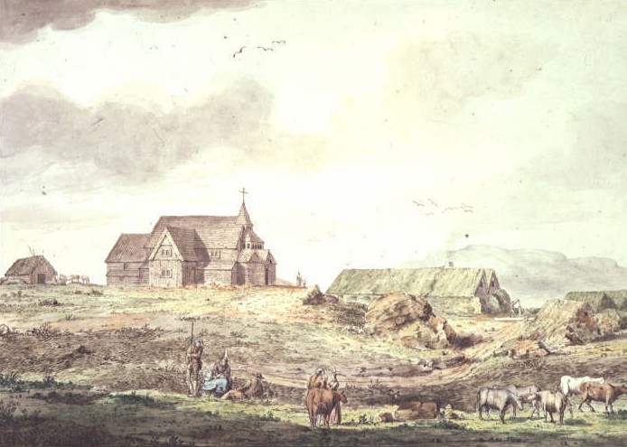 John Clevelly: Die Kathedrale in Skálholt, 1772, aus: Sir Joseph Bank's Voyage to the Hebrides, Orkneys, and Iceland, in der British Library in London