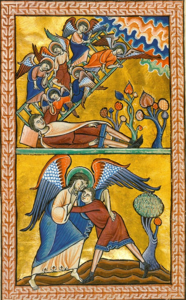 Jakobs Traum und der Kampf mit dem Engel, aus dem „Goldenen Münchner Psalter”, um 1195, in der Bayerischen Staatsbibliothek in München