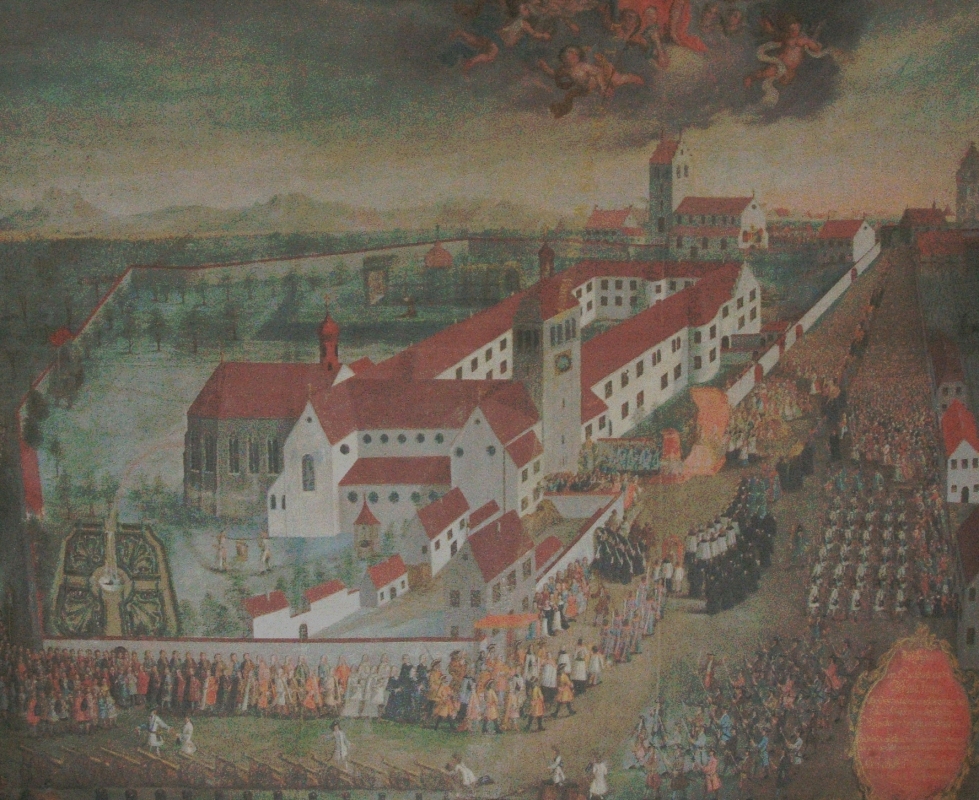 Tafelbild: Heiligblut-Prozession am Kloster auf der Bodenseeinsel Reichenau am 26. Mai 1738, um 1738, im Münster auf der Reichenau