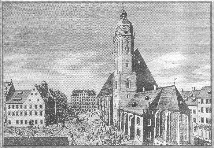 Thomaskirche und Thomasschule in Leipzig, Stich von 1735
