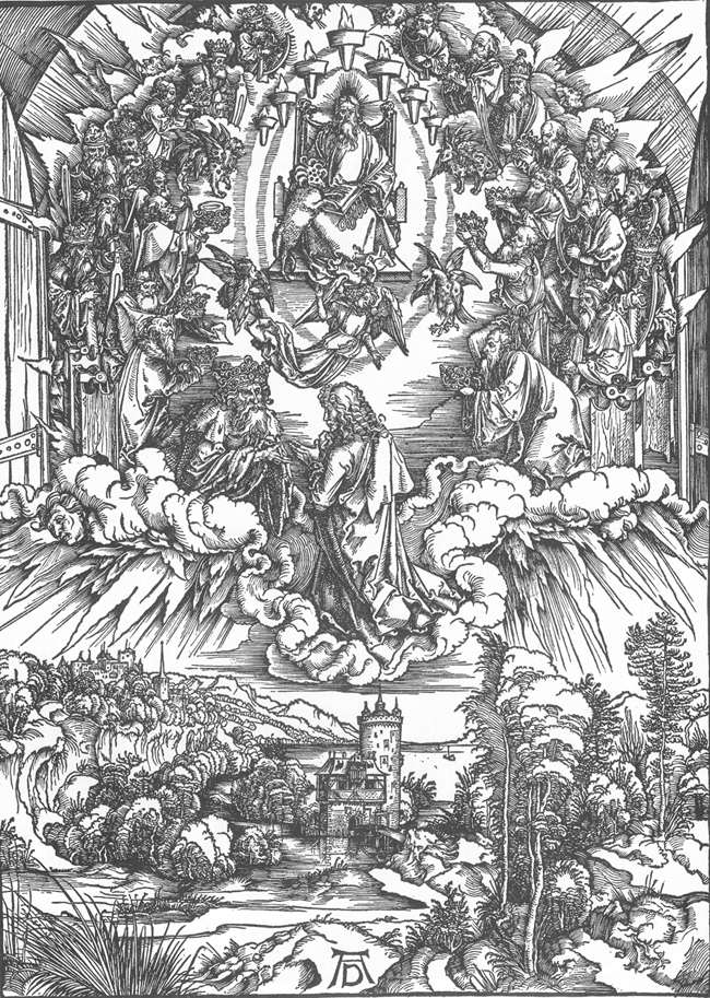 Holzschnitt von Albrecht Dürer: Johannes in den Wolken, umgeben von 24 Ältesten, 1497 - 98, Staatliche Kunsthalle in Karlsruhe